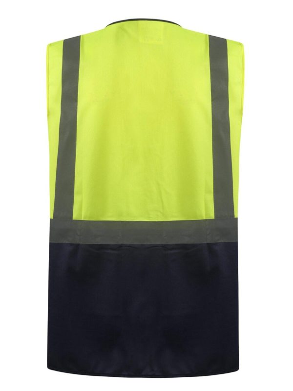 High visibility safety vest with reflective strips, ideal for construction and outdoor workers, ensuring safety and visibility in low-light conditions.