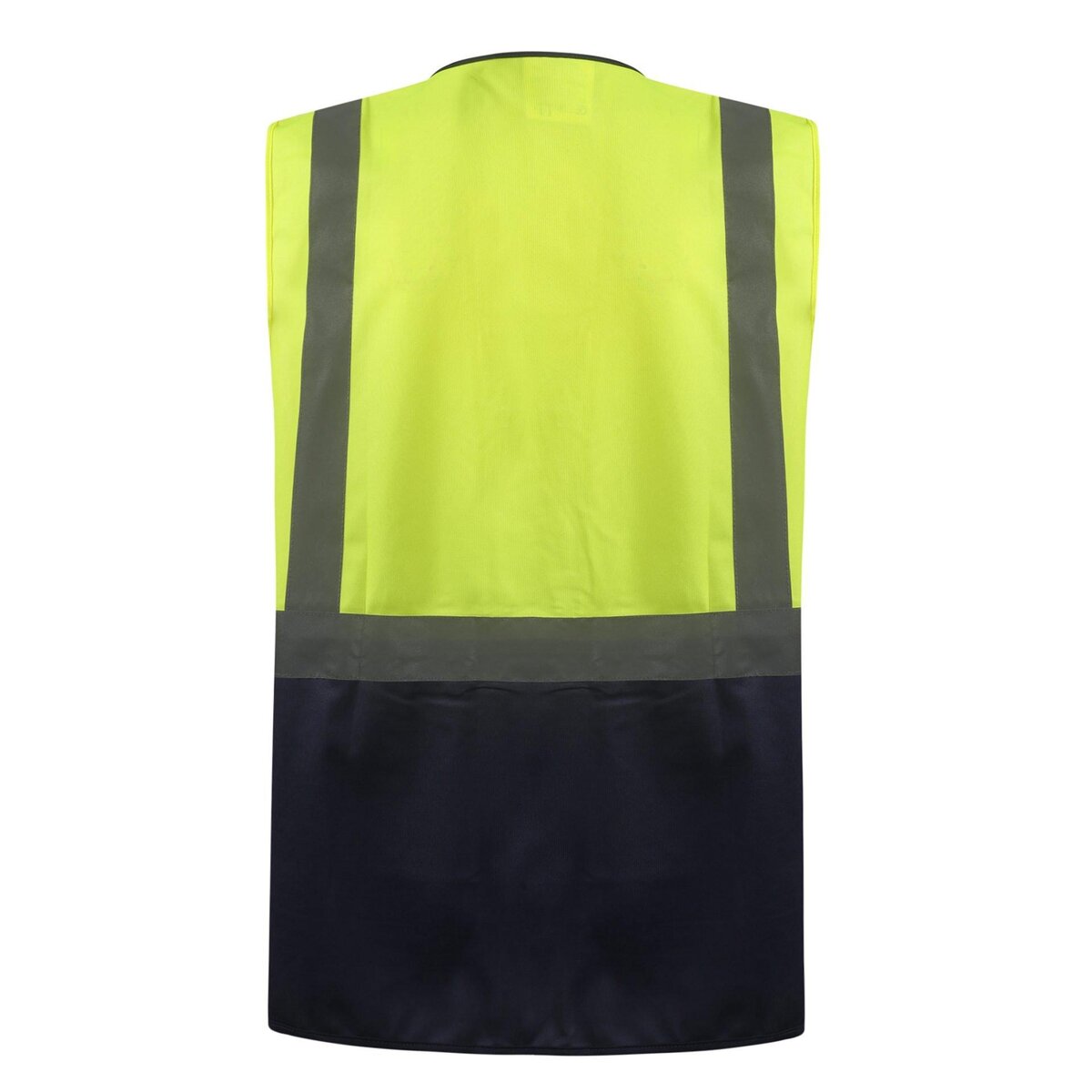 High visibility safety vest with reflective strips, ideal for construction and outdoor workers, ensuring safety and visibility in low-light conditions.