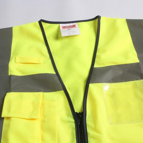 High-visibility safety vest with reflective strips, multiple pockets, and zipper closure for construction, industrial, and safety workers. Customizable workwear made in China.