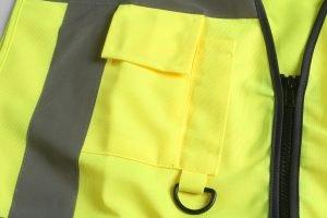 High-visibility safety vest with reflective strips, durable fabric, and functional pockets designed for construction and industrial workers. Customizable uniforms made in China for safety compliance.