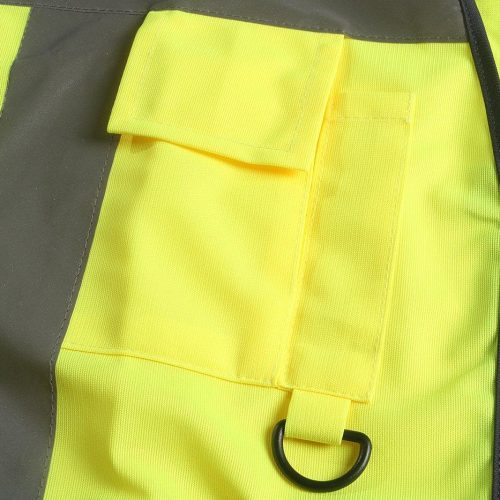 High-visibility safety vest with reflective strips, durable fabric, and functional pockets designed for construction and industrial workers. Customizable uniforms made in China for safety compliance.
