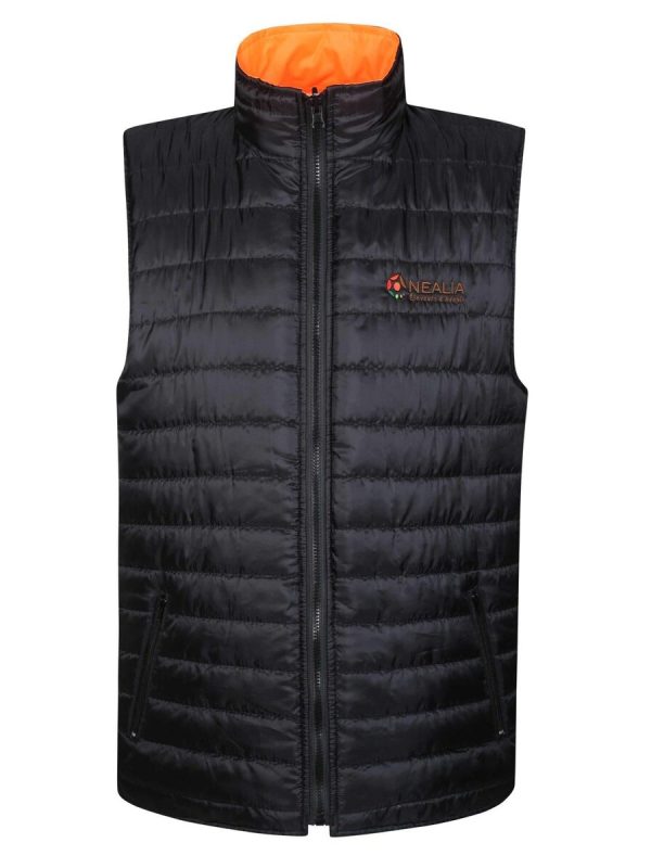 Lightweight black insulated vest with orange inner lining and embroidered custom logo, designed for workwear and outdoor activities. Perfect for added warmth and professional branding.