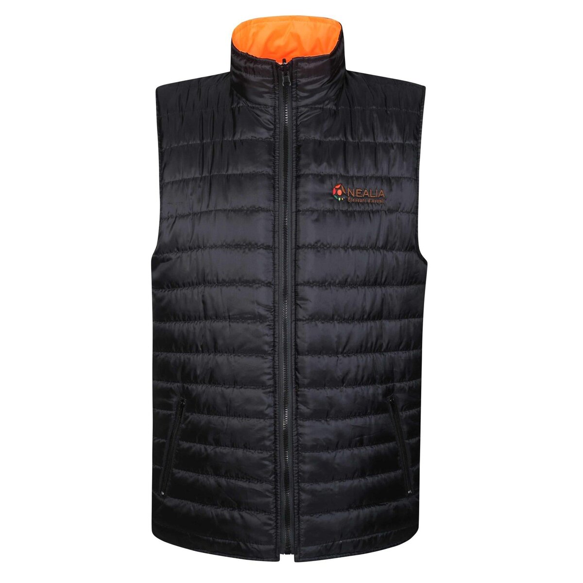 Lightweight black insulated vest with orange inner lining and embroidered custom logo, designed for workwear and outdoor activities. Perfect for added warmth and professional branding.