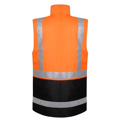 Bright orange and black high-visibility safety vest with reflective silver stripes, designed for construction, roadwork, or industrial environments to enhance worker safety.