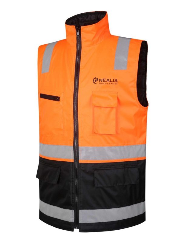 High-visibility orange safety vest with reflective strips, multiple pockets, and a front zipper, ideal for construction, industrial, and outdoor work environments. Customizable branding options available.