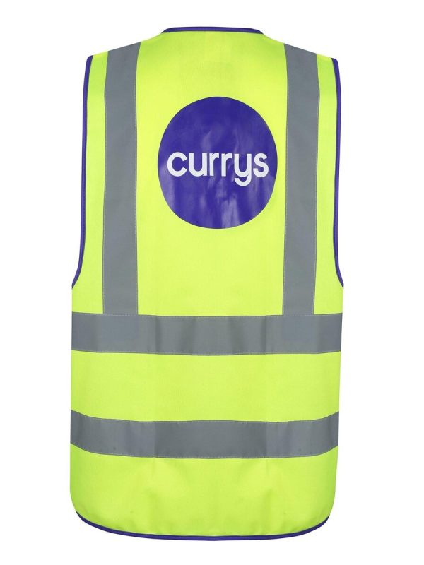 High-visibility safety vest with reflective stripes and blue logo, suitable for employees or event staff, manufactured by Sha from China.