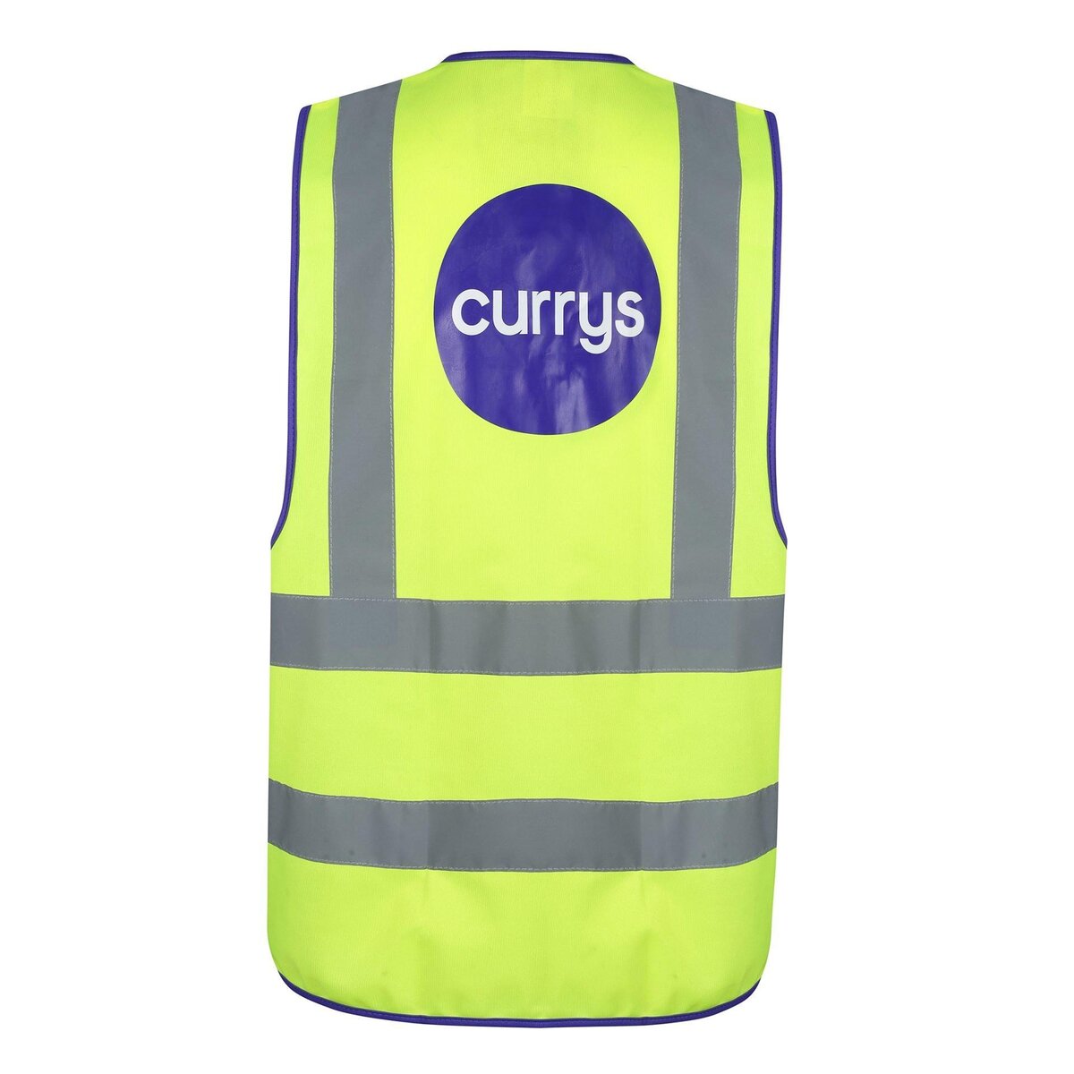 High-visibility safety vest with reflective stripes and blue logo, suitable for employees or event staff, manufactured by Sha from China.