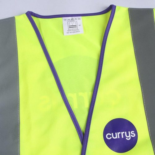High-visibility safety vest with reflective stripes and purple trim, designed for workwear and visibility on construction sites or industrial environments.