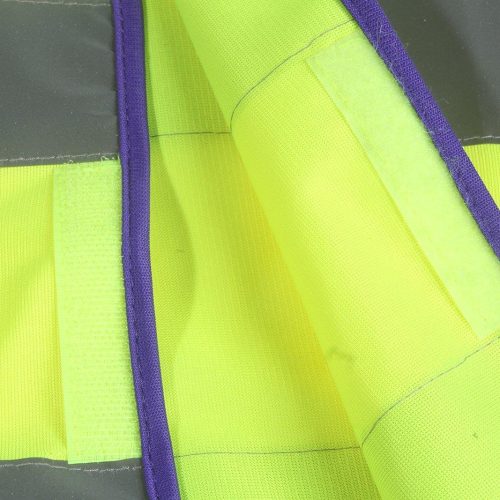 High-visibility safety vest fabric with neon yellow and purple trim for customizable work uniforms.