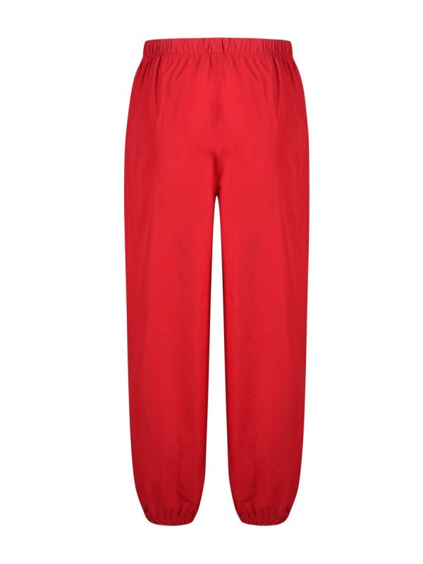 Red athletic track pants with elastic waistband and cuffs, suitable for sportswear and uniforms. Customizable design options available for various industries and team needs.