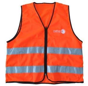 High-visibility orange safety vest with reflective stripes and front zipper, ideal for construction, logistics, and industrial workers for enhanced safety and visibility.