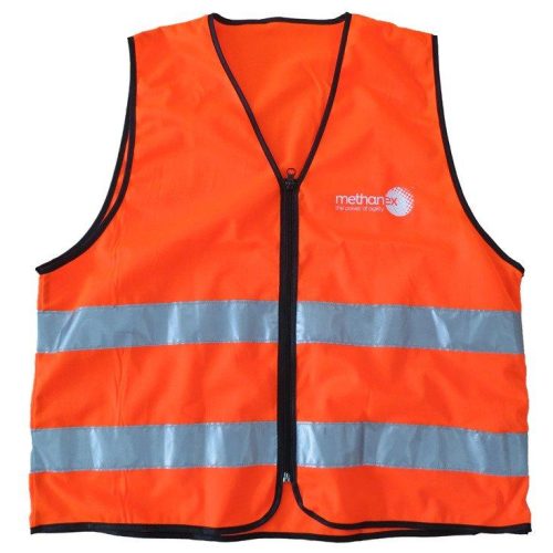 High-visibility orange safety vest with reflective stripes and front zipper, ideal for construction, logistics, and industrial workers for enhanced safety and visibility.