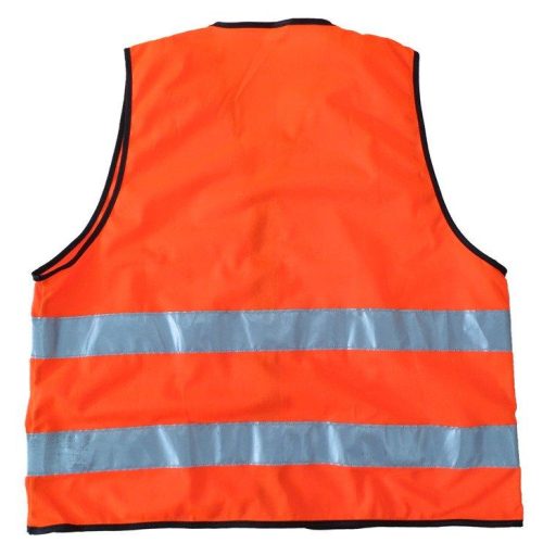 High-visibility orange safety vest with reflective stripes, ideal for construction, roadside work, and outdoor safety applications. Customizable for various industries.