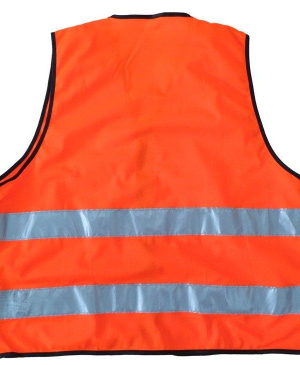 High-visibility orange safety vest with reflective stripes, ideal for construction, roadside work, and outdoor safety applications. Customizable for various industries.