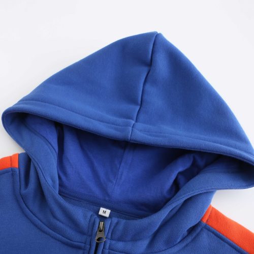 Bright blue hoodie with an orange stripe on the sleeve, featuring a front zipper and a hood, ideal for customizing workwear uniforms and promotional apparel from a leading China manufacturer.