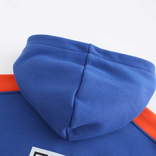 Bright blue hoodie with orange trim, close-up showing fabric texture and stitching, designed for custom workwear and promotional uniforms. Perfect for industrial, corporate, or team branding needs.