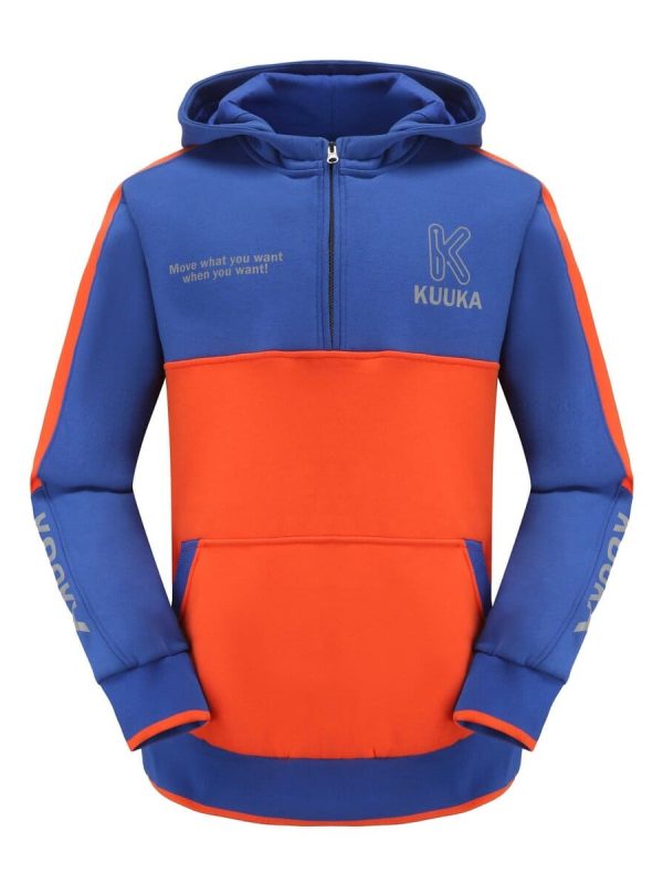 Bright blue and orange customizable hooded sweatshirt with logo placement and motivational text for workwear uniforms from China manufacturer. Perfect for team branding and corporate identity.