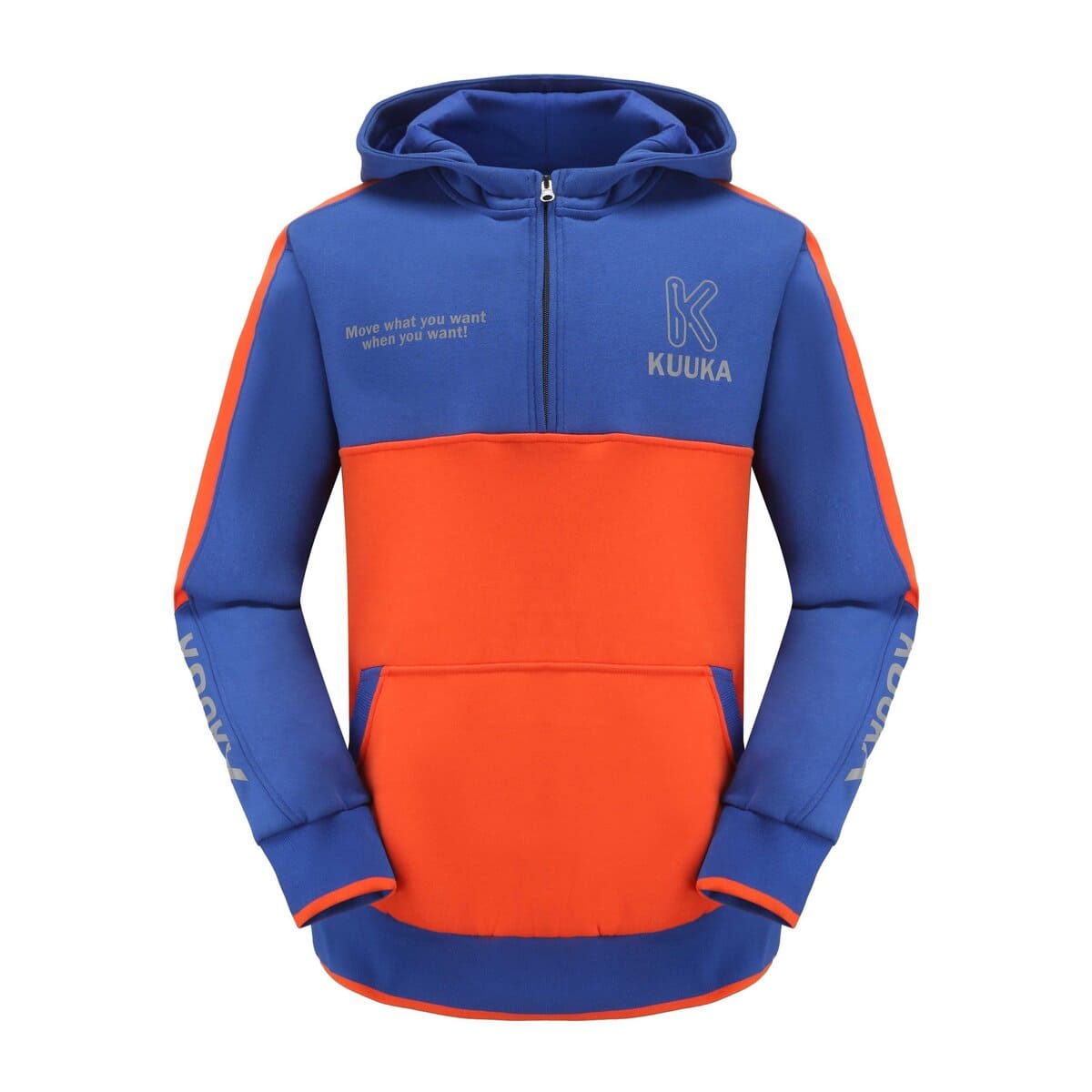 Bright blue and orange customizable hooded sweatshirt with logo placement and motivational text for workwear uniforms from China manufacturer. Perfect for team branding and corporate identity.