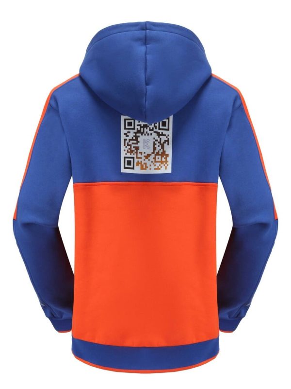 High-quality custom hoodie with blue and orange accents, featuring a QR code print on the back, designed for corporate or promotional branding in China.