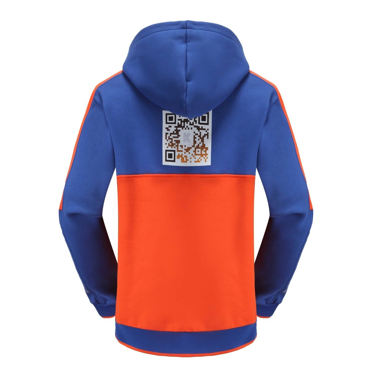 High-quality custom hoodie with blue and orange accents, featuring a QR code print on the back, designed for corporate or promotional branding in China.