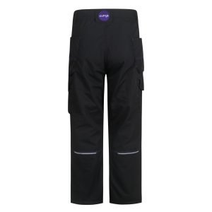 Heavy-duty black work pants with multiple pockets and reflective strips, designed for industrial and construction workers, made by Sha China clothing manufacturer.