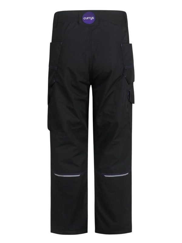 Heavy-duty black work pants with multiple pockets and reflective strips, designed for industrial and construction workers, made by Sha China clothing manufacturer.