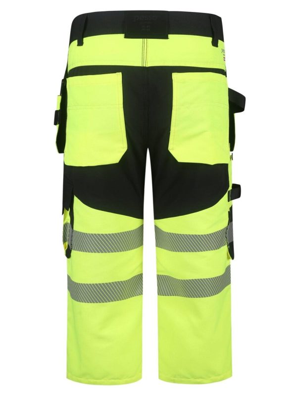 Reflective high-visibility safety work pants with multiple pockets, suitable for construction and industrial jobs, designed for durability and safety compliance.