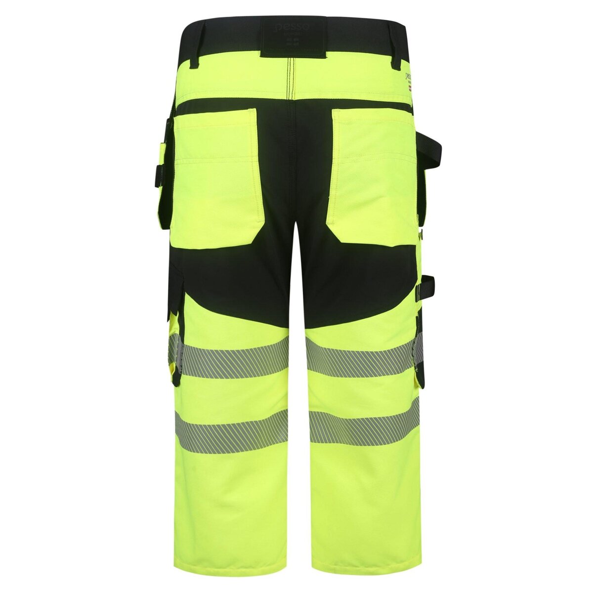 Reflective high-visibility safety work pants with multiple pockets, suitable for construction and industrial jobs, designed for durability and safety compliance.
