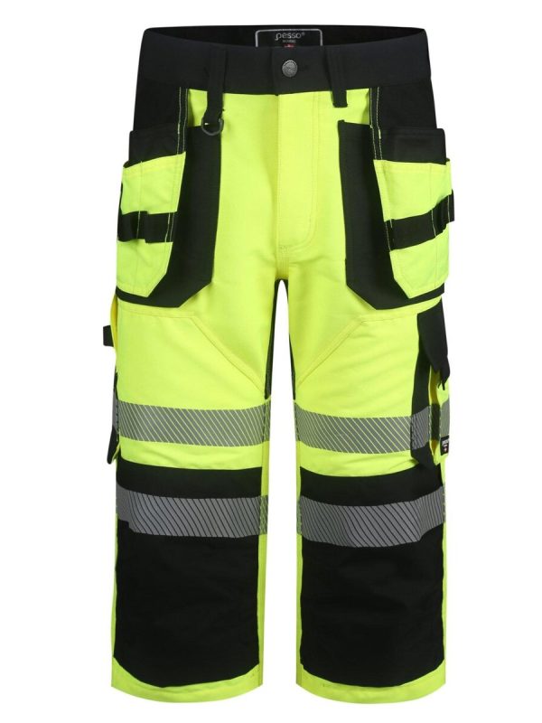 High-visibility safety work shorts with multiple pockets, reflective stripes, and durable fabric, designed for construction and industrial safety workers.