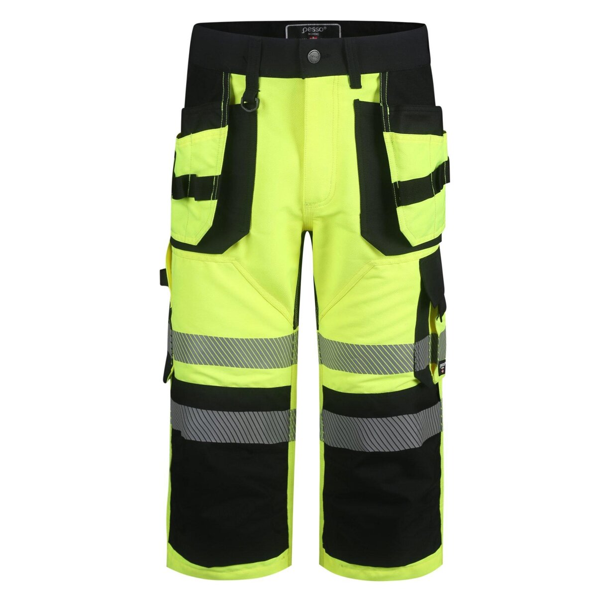 High-visibility safety work shorts with multiple pockets, reflective stripes, and durable fabric, designed for construction and industrial safety workers.