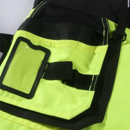 High-visibility safety work pants with reflective strips and multiple pockets for durability and functionality. Suitable for construction, roadside, and industrial workers.