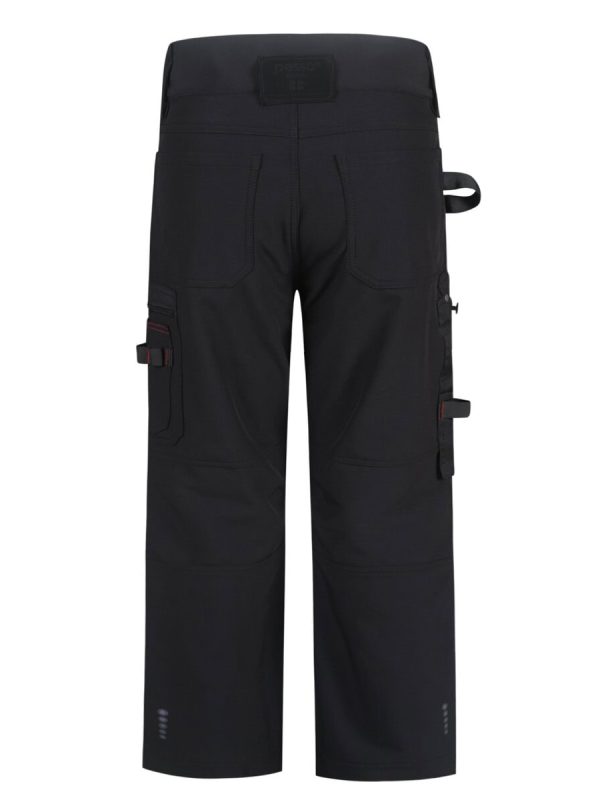 Reflective black work trousers with multiple pockets and adjustable straps, designed for durability and comfort in industrial and construction environments. Suitable for custom workwear branding.