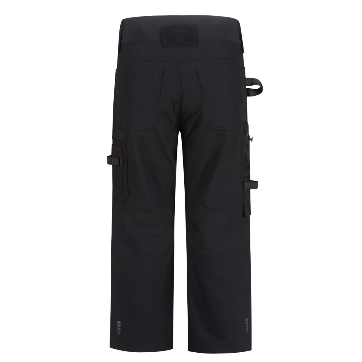 Reflective black work trousers with multiple pockets and adjustable straps, designed for durability and comfort in industrial and construction environments. Suitable for custom workwear branding.