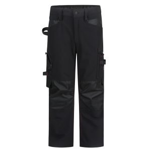 Flexible black work pants with multiple pockets and adjustable features, designed for durability and comfort in industrial environments. Suitable for construction, maintenance, and outdoor work.