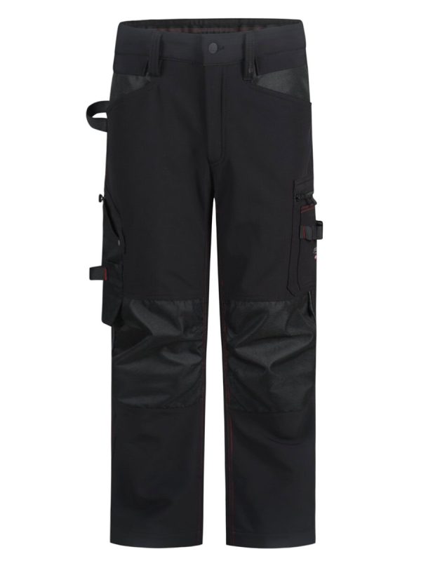 Flexible black work pants with multiple pockets and adjustable features, designed for durability and comfort in industrial environments. Suitable for construction, maintenance, and outdoor work.