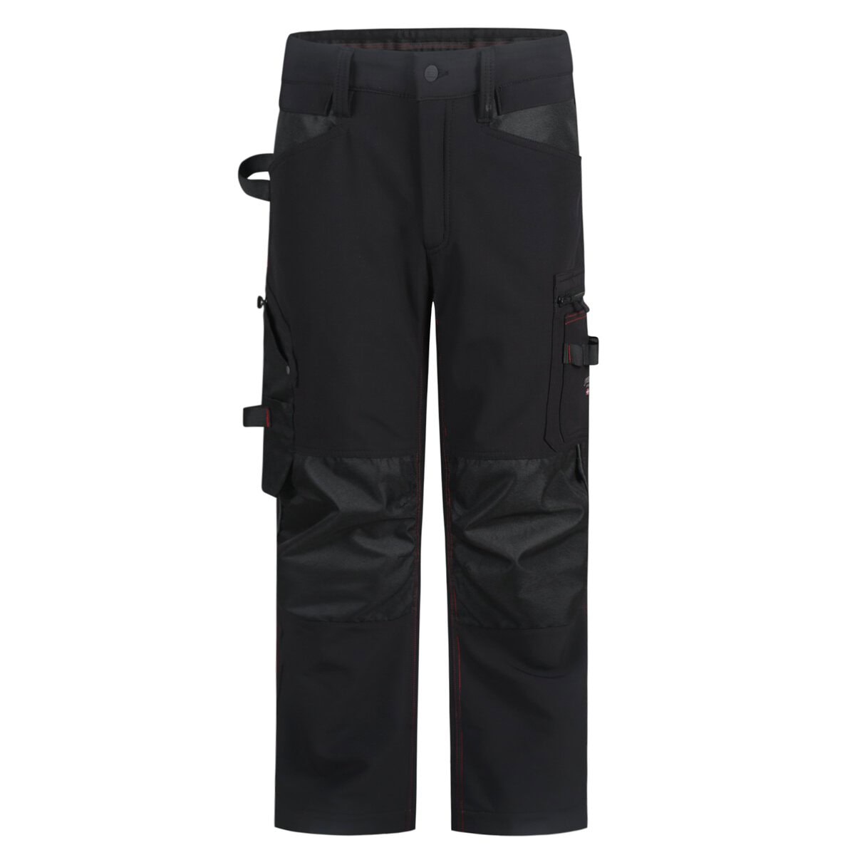 Flexible black work pants with multiple pockets and adjustable features, designed for durability and comfort in industrial environments. Suitable for construction, maintenance, and outdoor work.