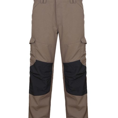 Durable custom workwear cargo pants with black knee patches, tailored for industrial and construction employees, featuring multiple pockets for tools and a comfortable fit.