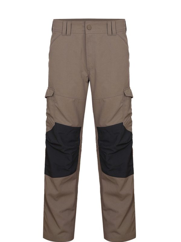 Durable custom workwear cargo pants with black knee patches, tailored for industrial and construction employees, featuring multiple pockets for tools and a comfortable fit.