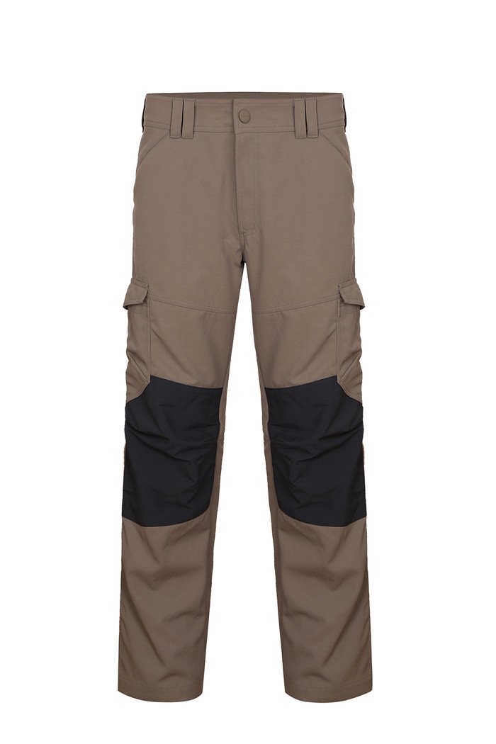 Durable custom workwear cargo pants with black knee patches, tailored for industrial and construction employees, featuring multiple pockets for tools and a comfortable fit.