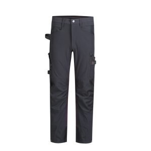 Durable black work pants featuring multiple pockets, zippers, and reinforced knees, perfect for industrial or outdoor labor environments. Customizable uniforms made in China for various industries.