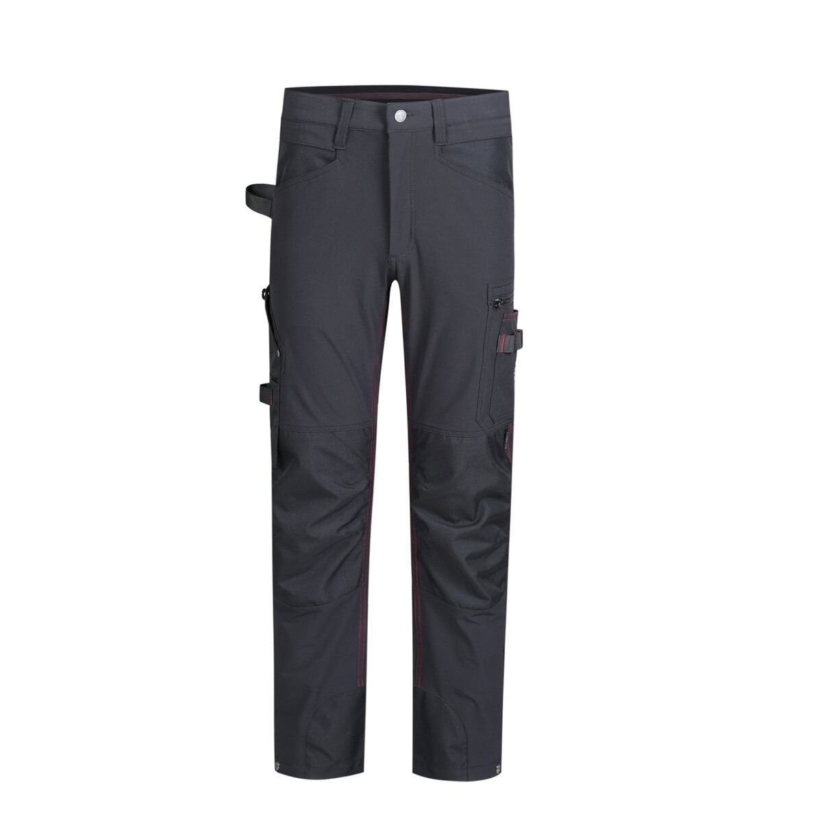 Durable black work pants featuring multiple pockets, zippers, and reinforced knees, perfect for industrial or outdoor labor environments. Customizable uniforms made in China for various industries.