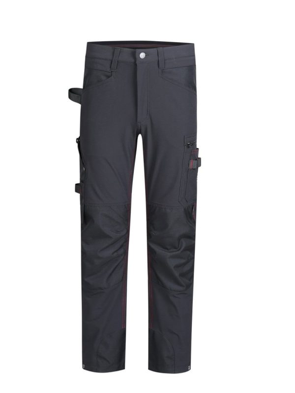 Durable black work pants with multiple pockets and reinforced knees, ideal for construction or industrial work environments. Customizable designs available from China workwear manufacturer.