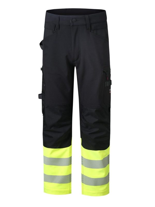 High-visibility black work pants with reflective stripes designed for safety and durability in industrial environments. Perfect for construction, road work, and outdoor workers.
