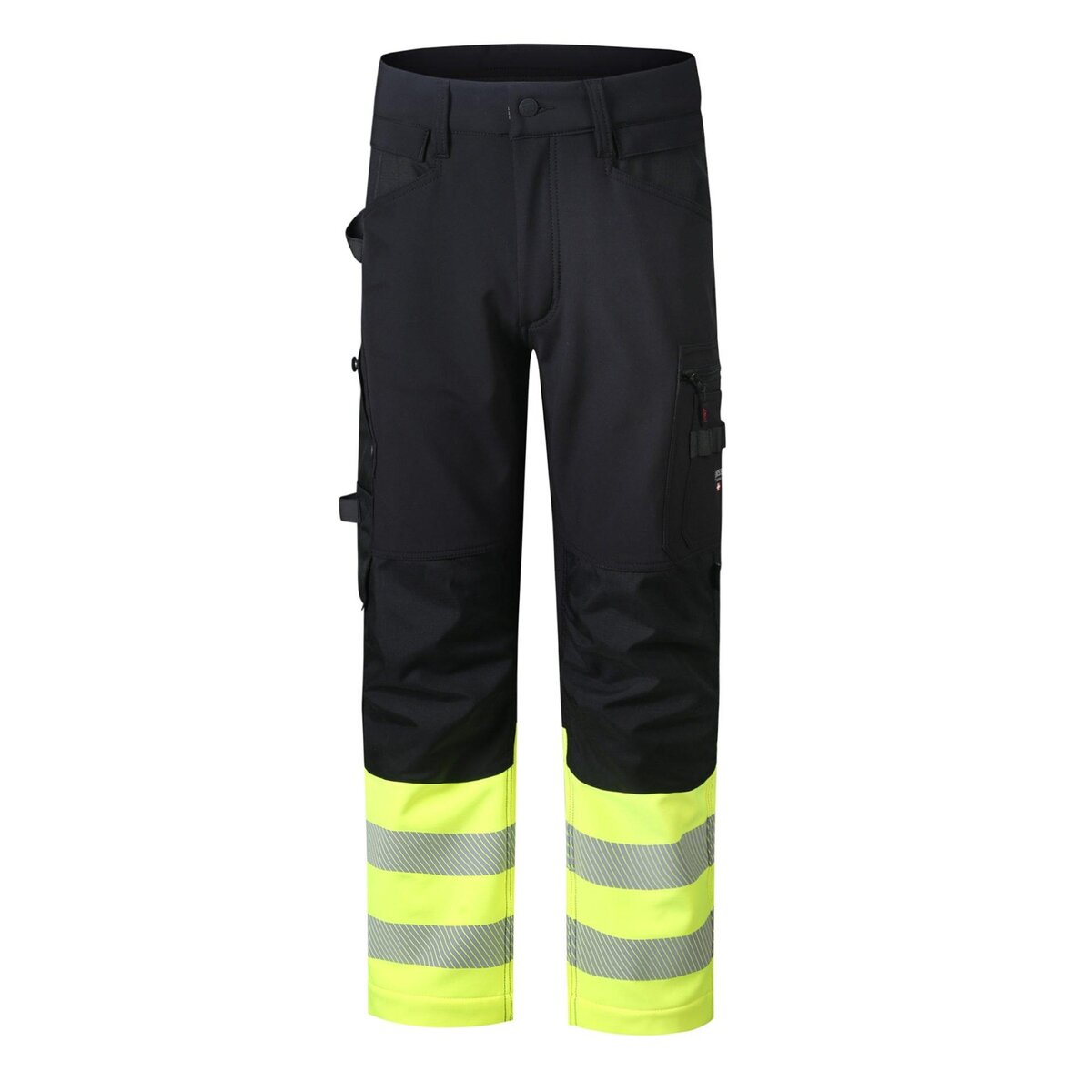 High-visibility black work pants with reflective stripes designed for safety and durability in industrial environments. Perfect for construction, road work, and outdoor workers.