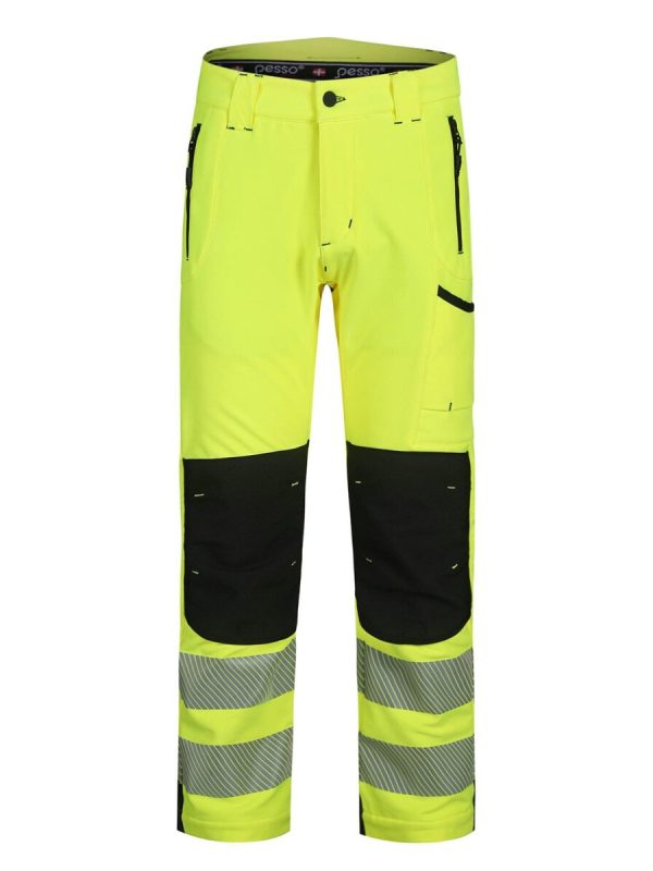High-visibility safety work pants with reflective strips, multiple pockets, and durable material for construction, road work, and industrial safety. Perfect for demanding work environments.