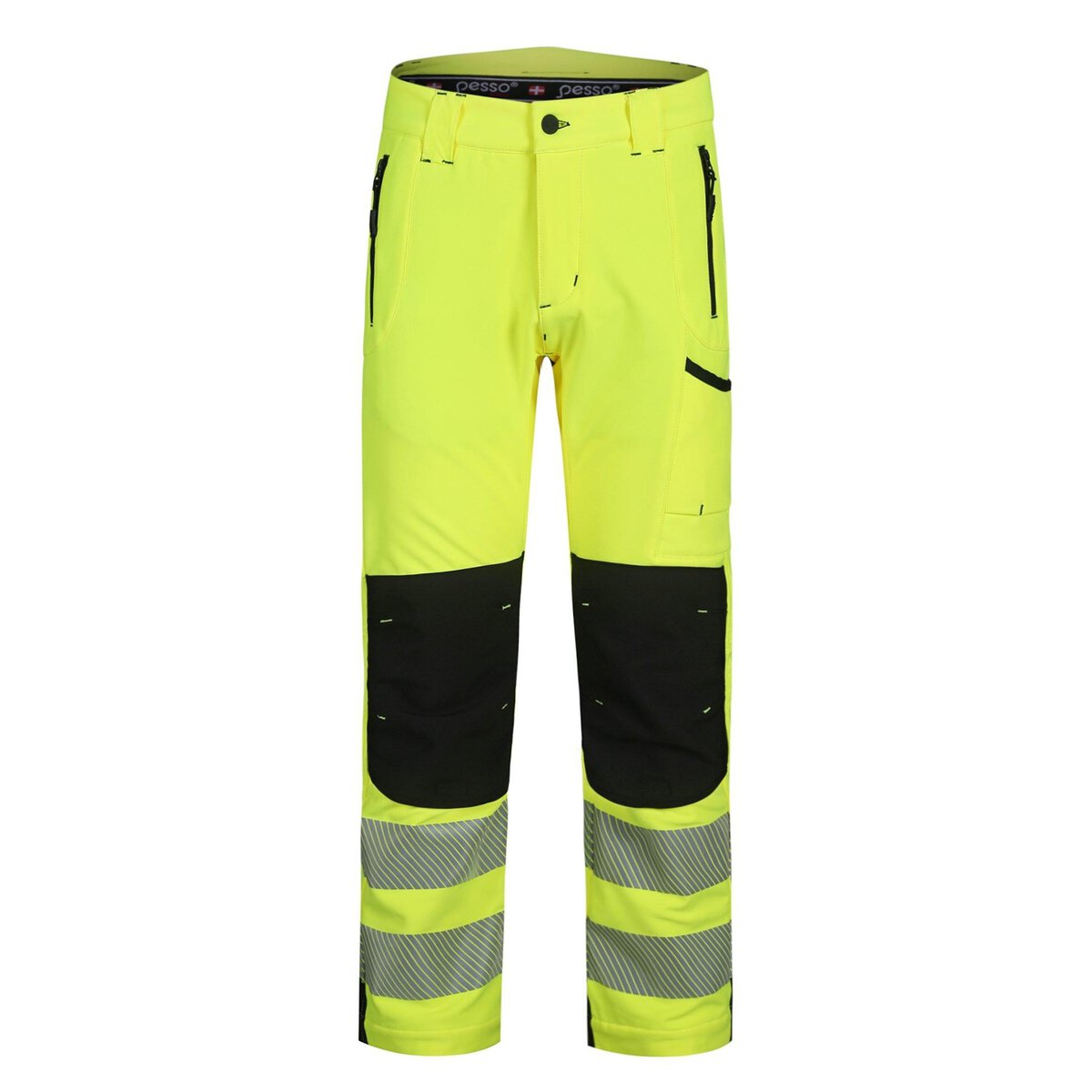 High-visibility safety work pants with reflective strips, multiple pockets, and durable material for construction, road work, and industrial safety. Perfect for demanding work environments.
