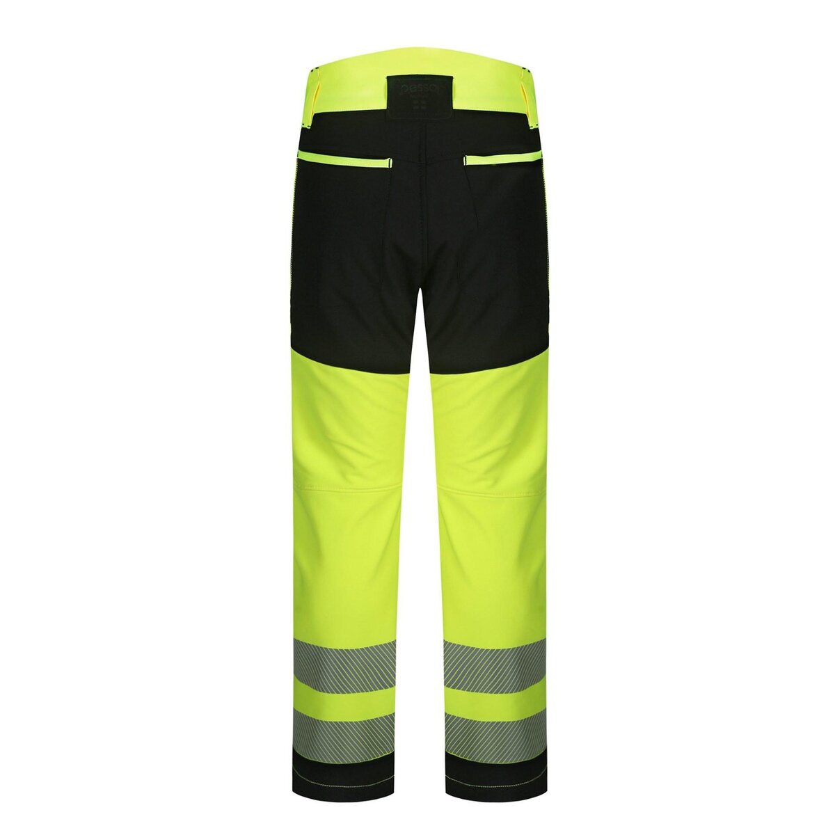 High-visibility safety work pants with reflective stripes, black and neon yellow color, durable fabric for construction or industrial environments. Perfect for custom workwear solutions.