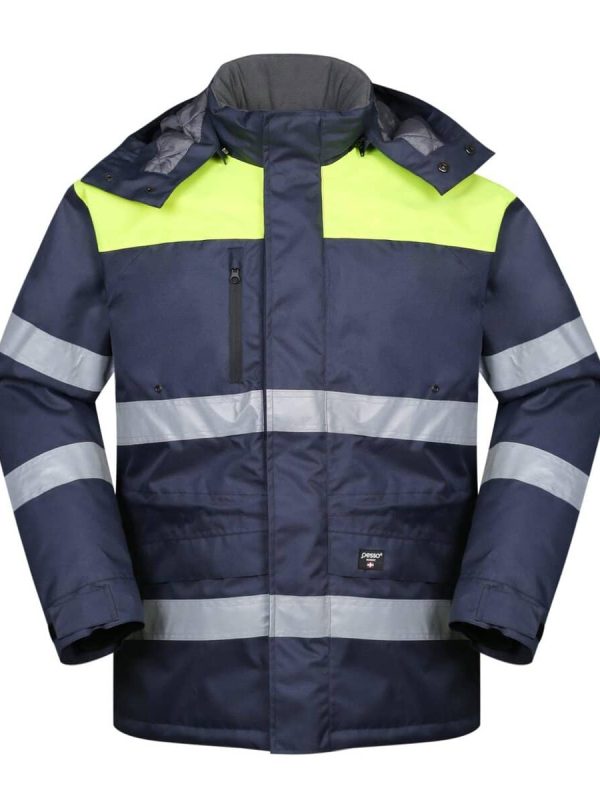 High-visibility safety jacket with reflective strips, designed for construction and outdoor workers, featuring durable fabric and multiple pockets for utility.