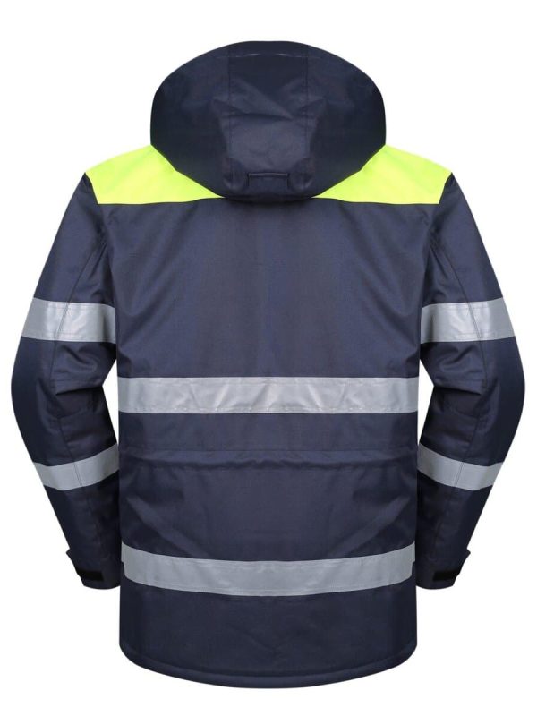 High-visibility safety jacket with reflective stripes and hood, ideal for construction, road work, and outdoor safety applications. Customizable workwear from China manufacturer Sha.