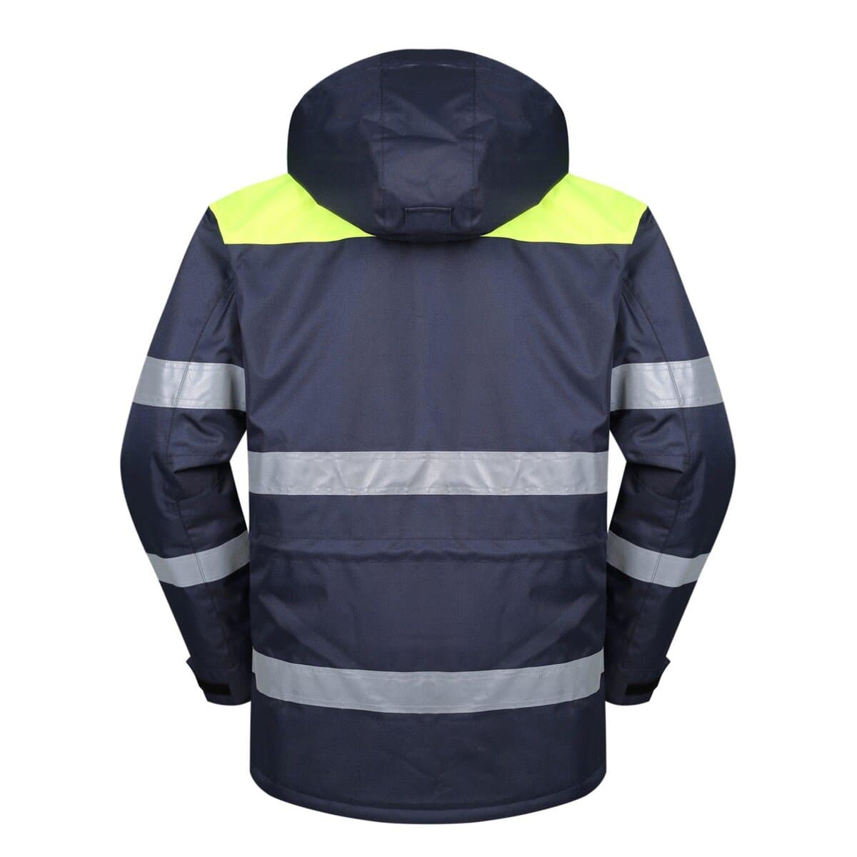 High-visibility safety jacket with reflective stripes and hood, ideal for construction, road work, and outdoor safety applications. Customizable workwear from China manufacturer Sha.